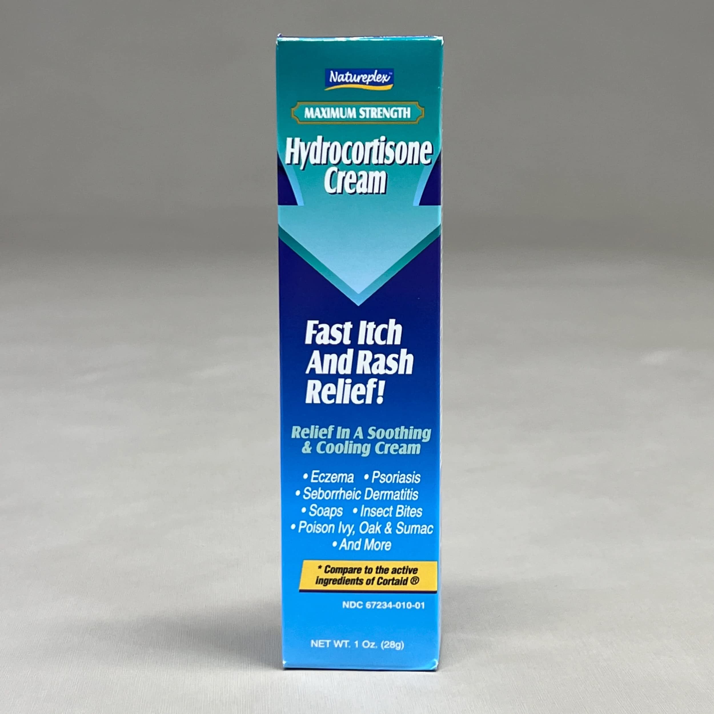 Natureplex Hydrocortisone Cream label close-up highlights strength and usage.