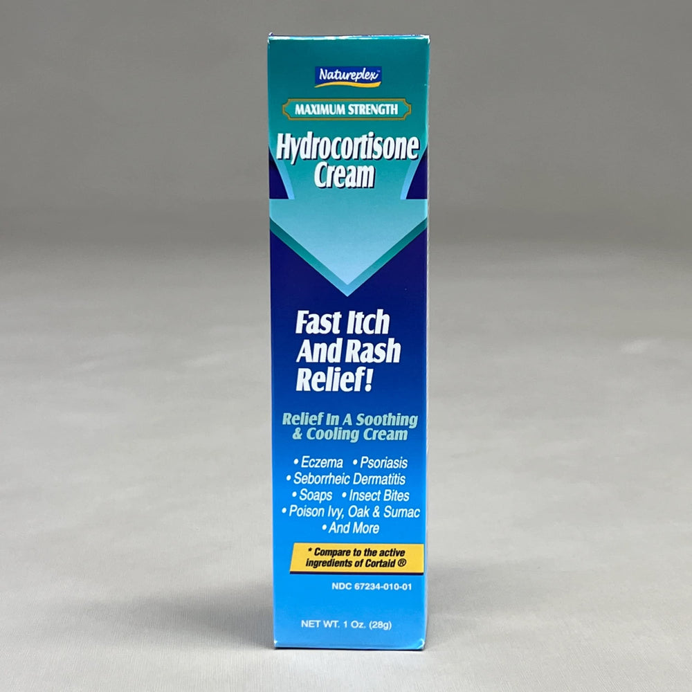 Natureplex Hydrocortisone Cream label close-up highlights strength and usage.