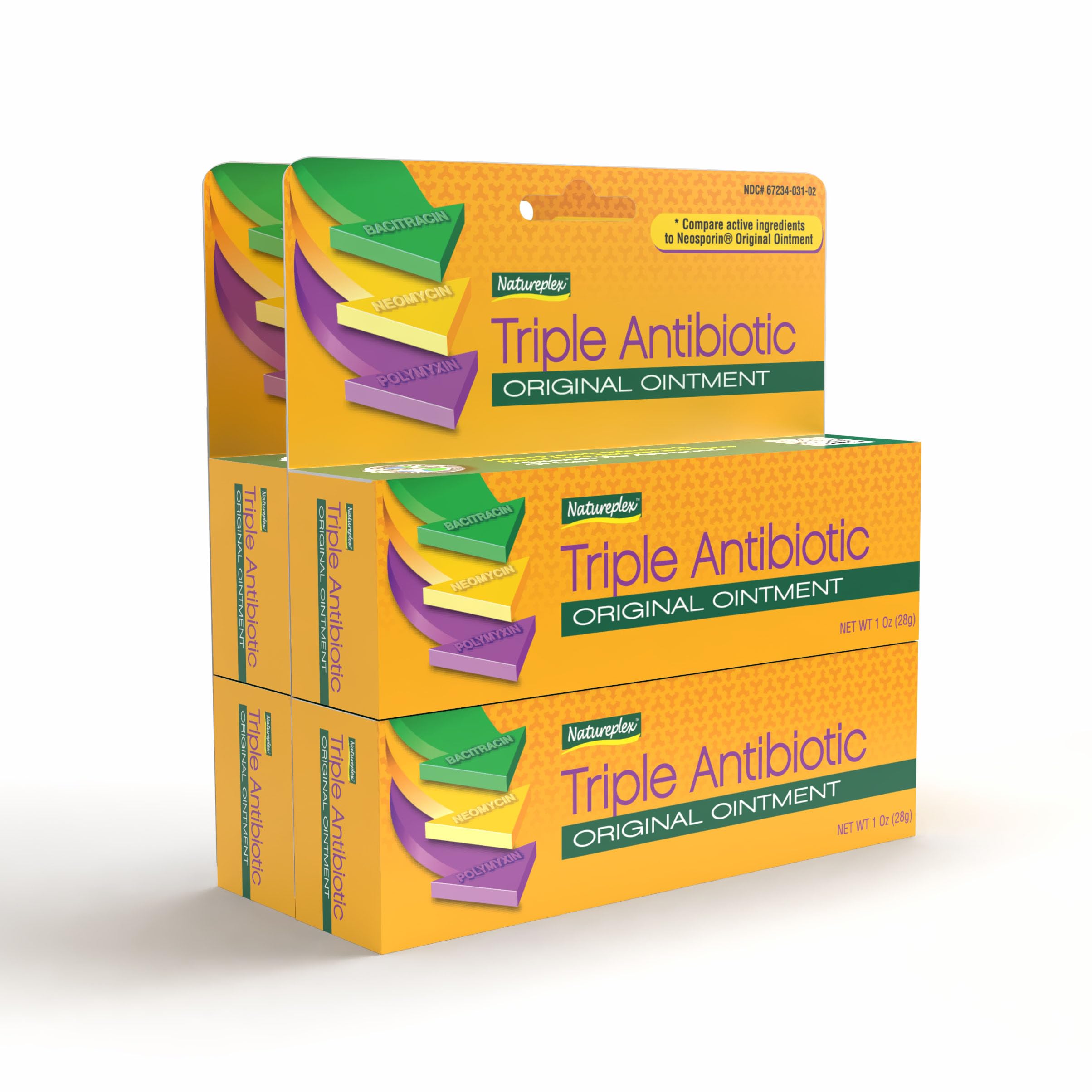 Front label detail of Natureplex triple antibiotic ointment for quick first aid readiness.