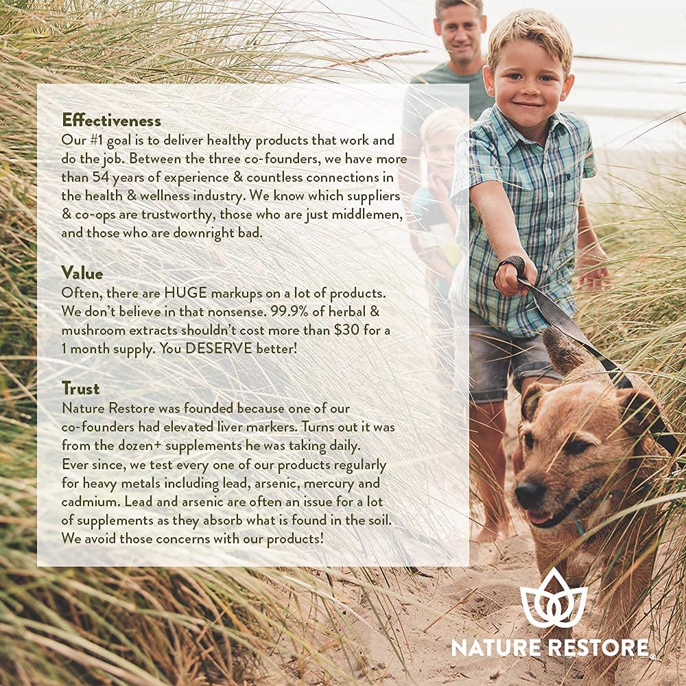 Nature Restore bottle on shelf suggests accessible daily wellness option.