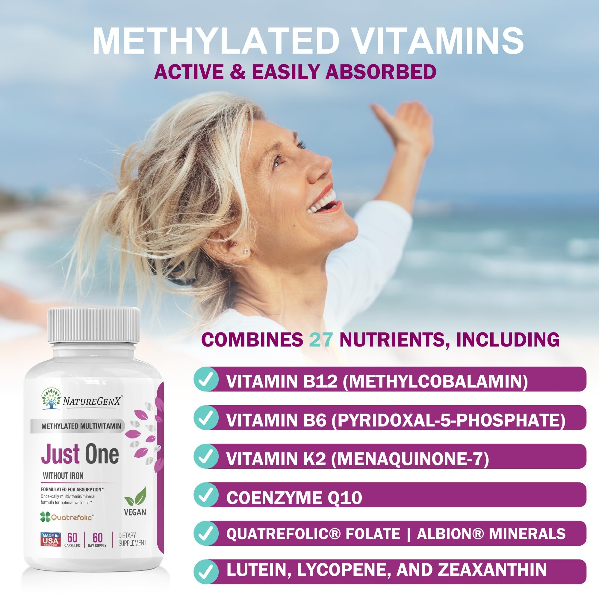 NatureGenX Just One Ultra Daily bottle label highlighting ingredients and 120 capsules
