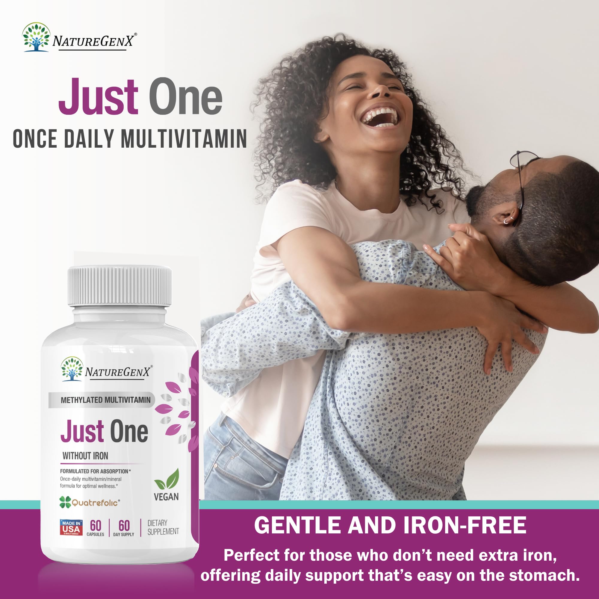 NatureGenX vegan capsules close-up showing plant-based, iron-free vitamins