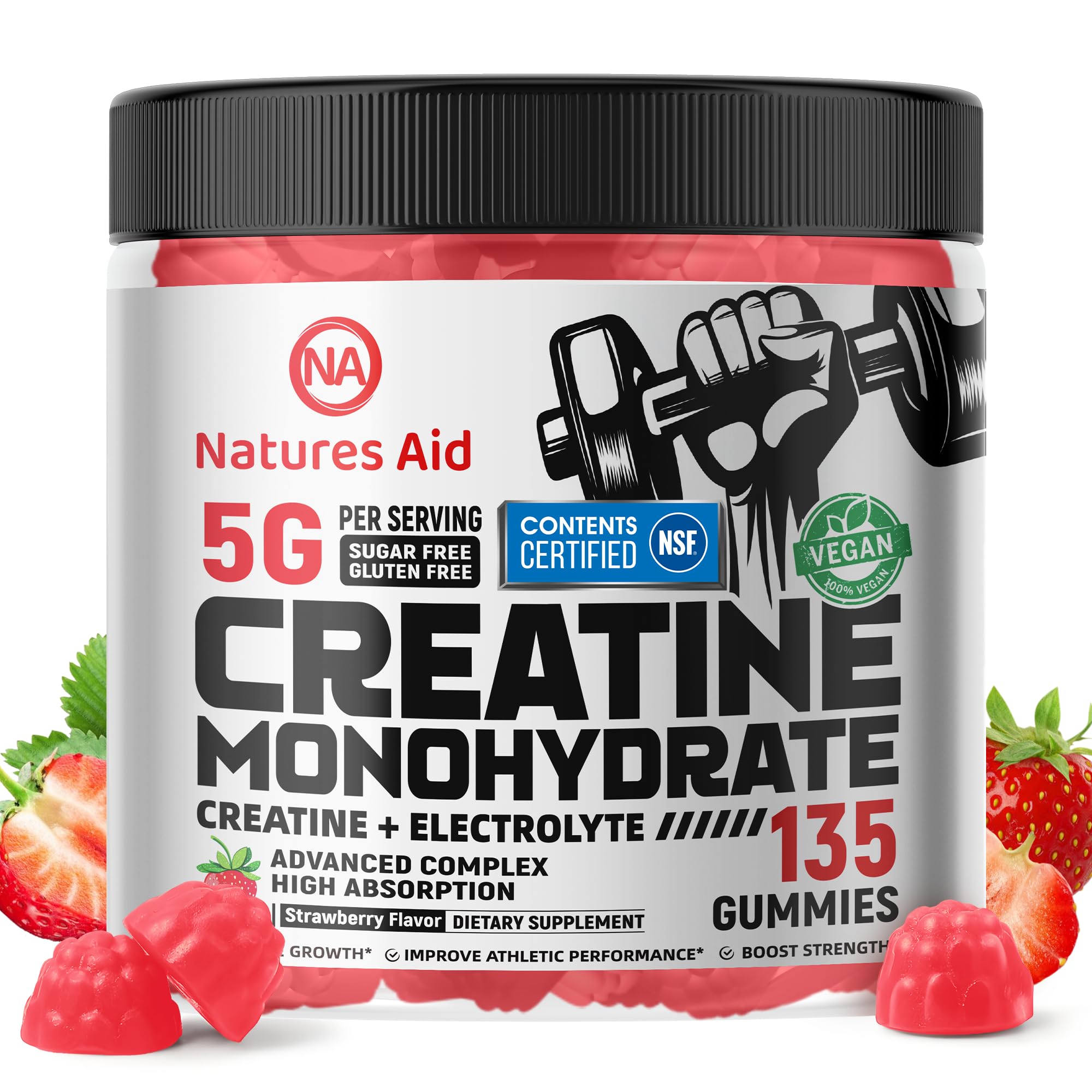 Natures Aid Creatine Monohydrate Gummies bottle front for an easy energy boost.