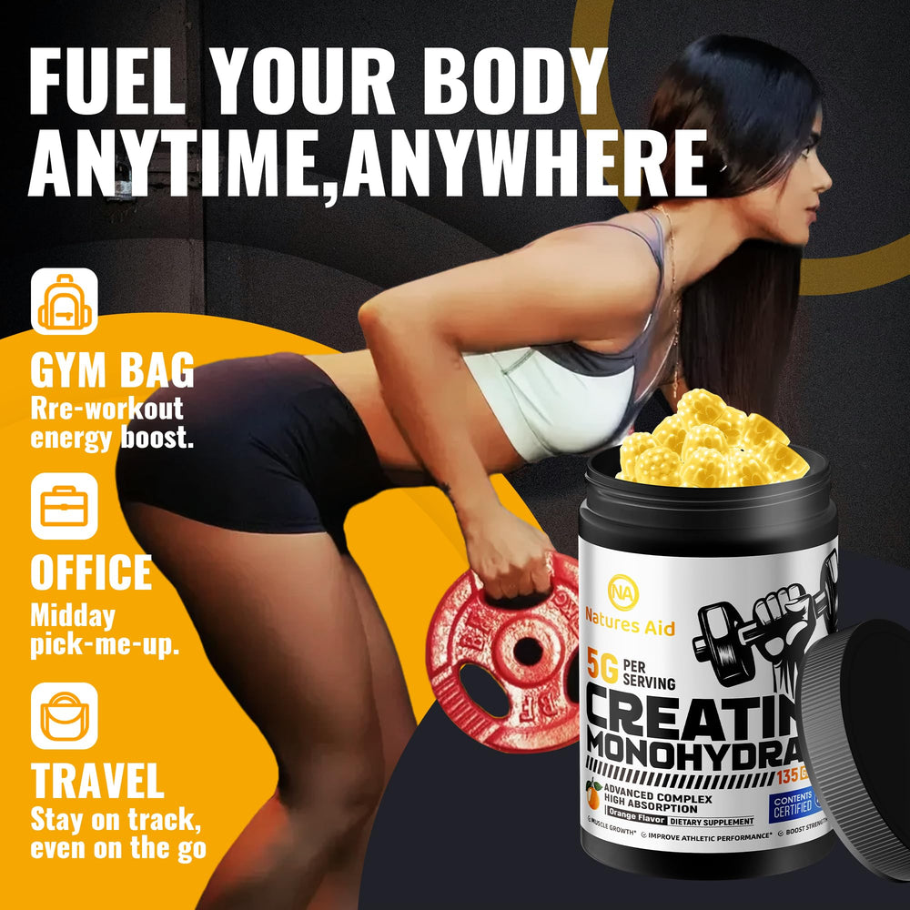 Natures Aid Creatine Monohydrate Gummies boosts endurance and energy on the go.
