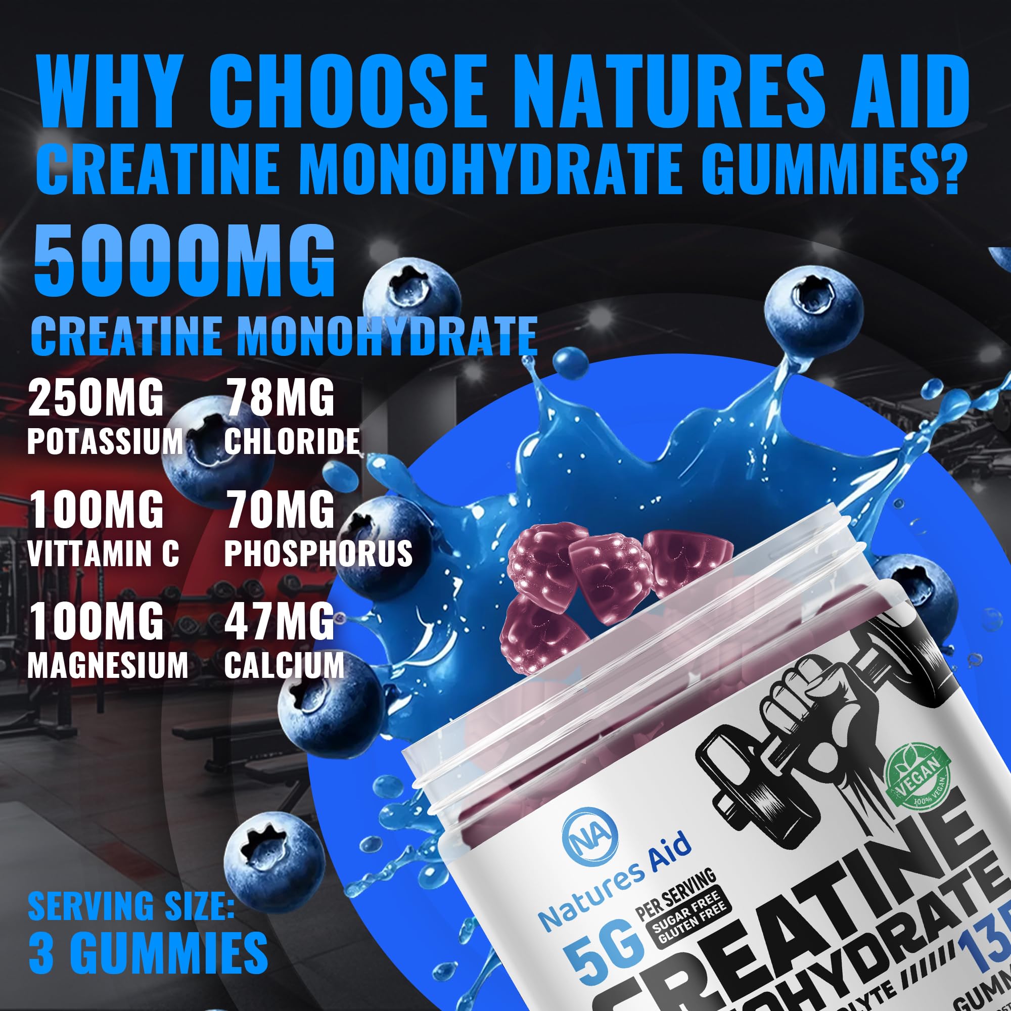 Natures Aid Creatine Gummies bottle back label shows vegan, sugar-free formula