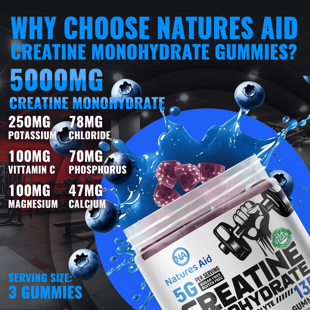 Natures Aid Creatine Gummies bottle back label shows vegan, sugar-free formula