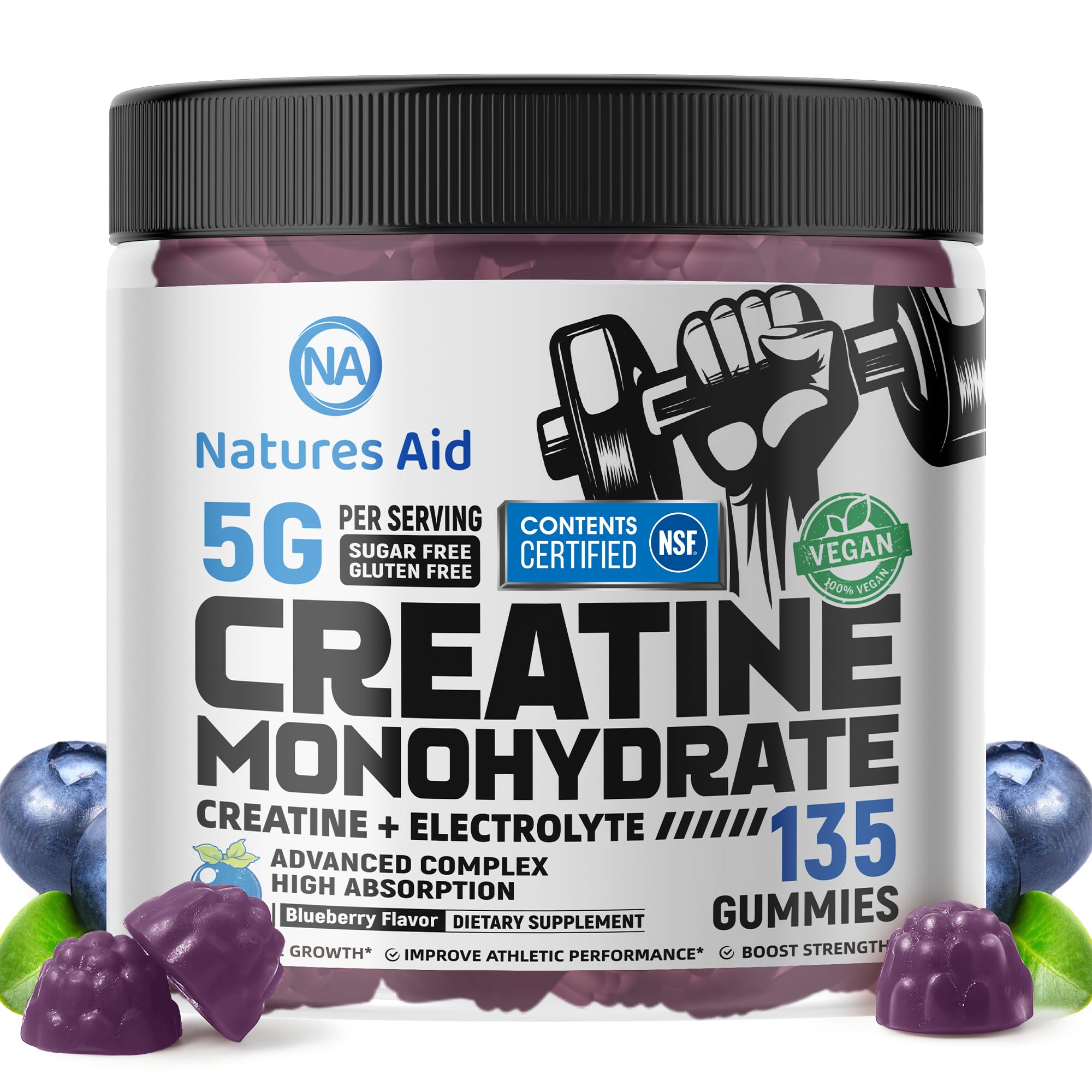 Natures Aid Creatine Monohydrate Gummies jar front for convenient pre-workout energy