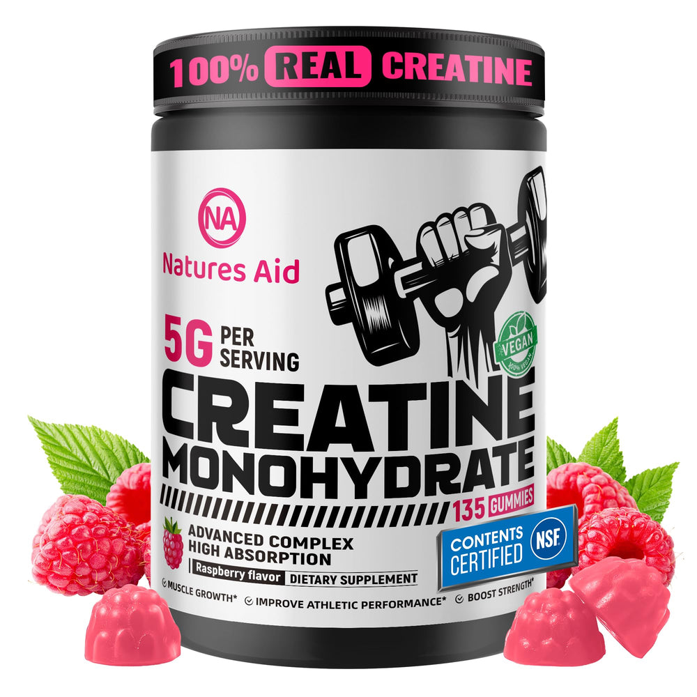 Natures Aid Creatine Monohydrate Gummies bottle with raspberry label for on-the-go energy.