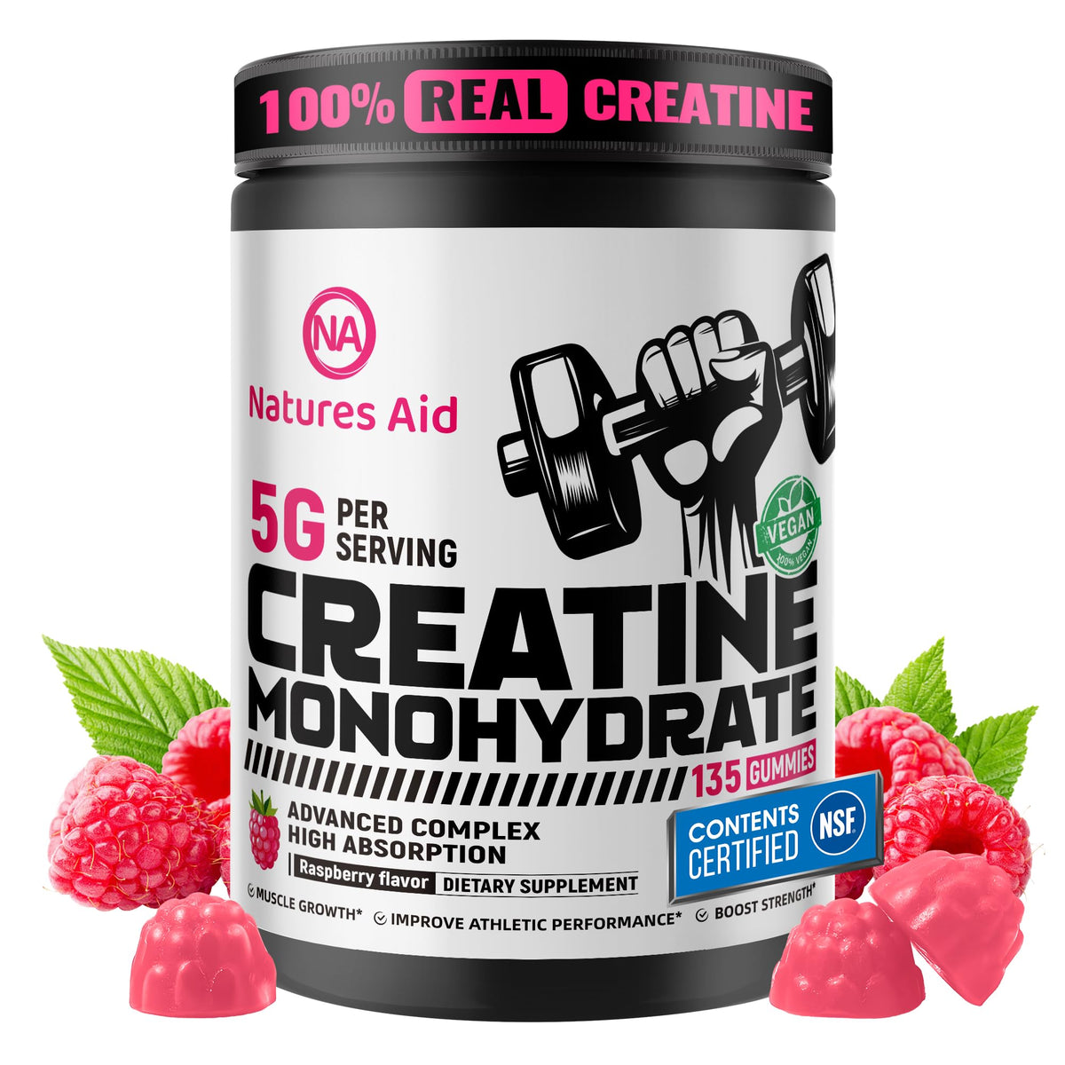 Natures Aid Creatine Monohydrate Gummies bottle with raspberry label for on-the-go energy.