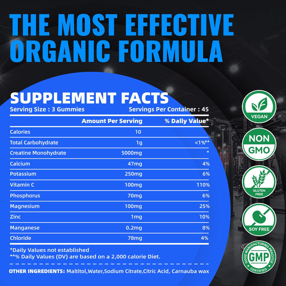 Natures Aid Creatine Monohydrate Gummies serving three gummies shows 5g