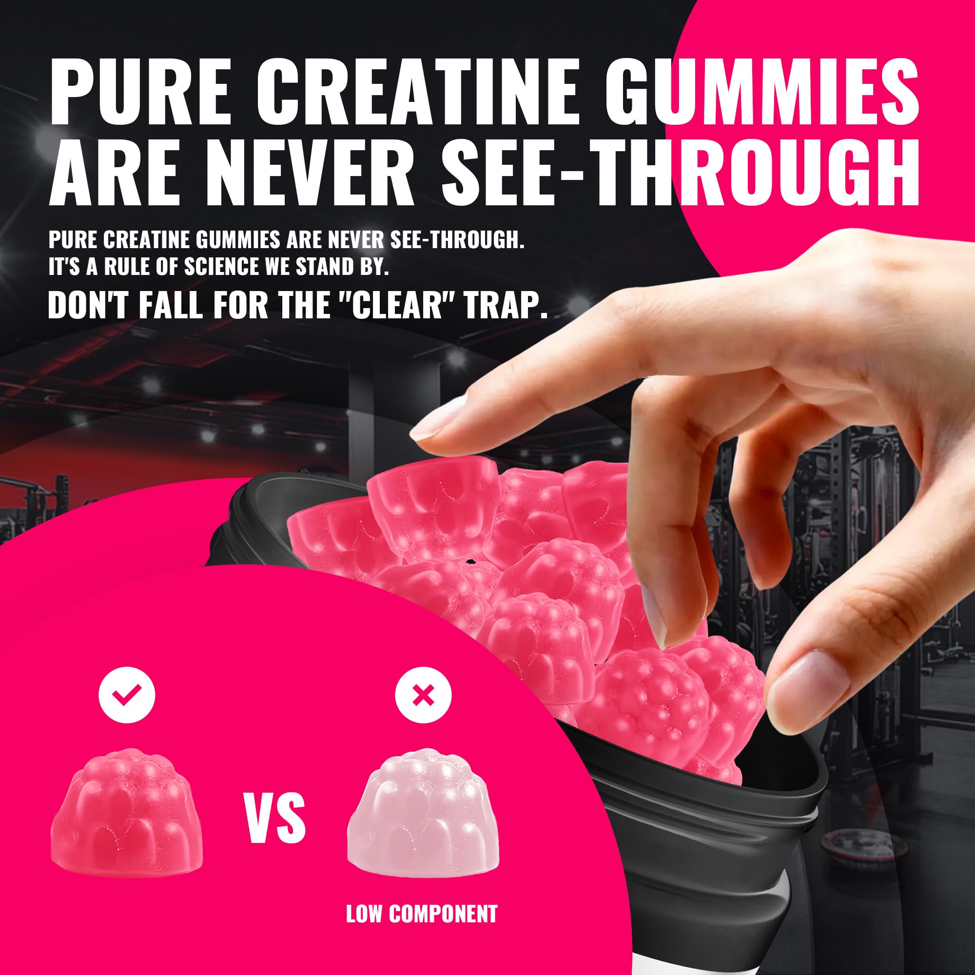 Gummies in a jar illustrating gluten-free, non-GMO content.