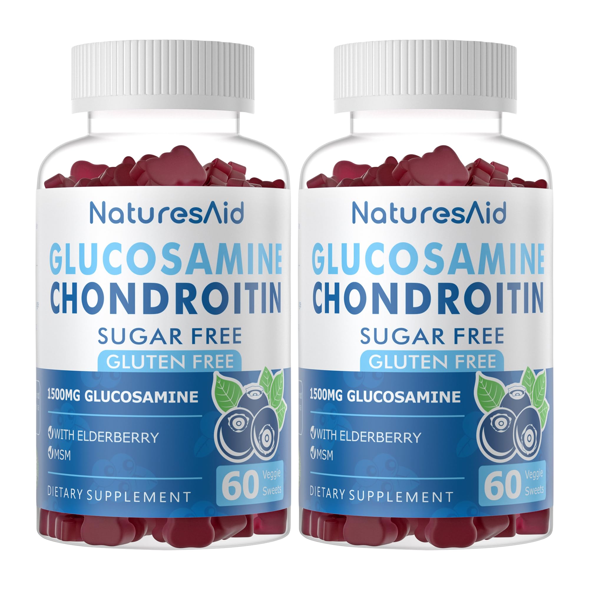 Natures Aid Glucosamine Chondroitin gummies jar close-up showing joint support in elderberry flavor