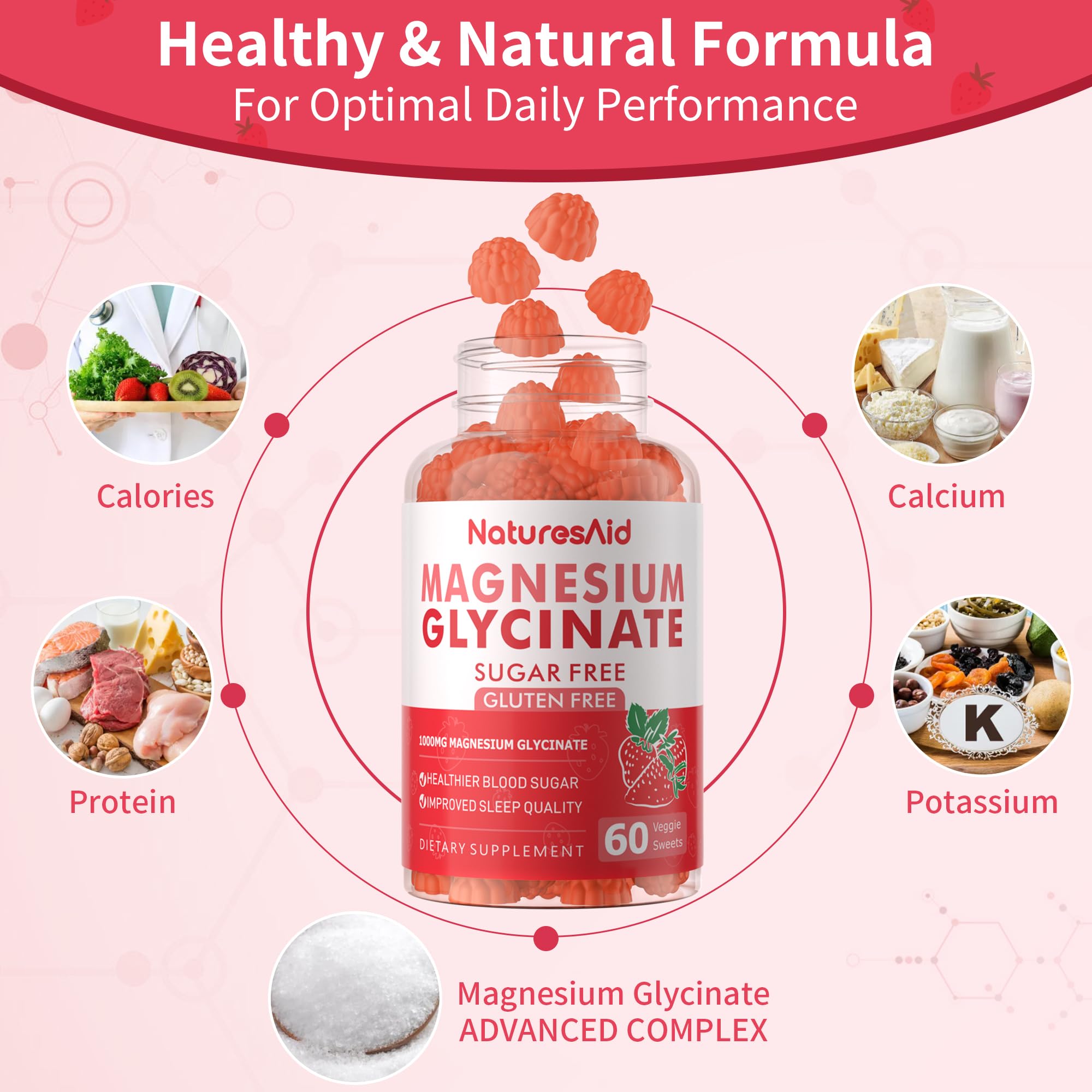 Nature's Aid Magnesium Glycinate Gummies bottle back with ingredients and dosage panel.