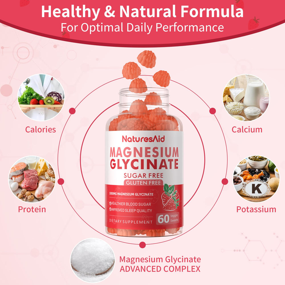 Nature's Aid Magnesium Glycinate Gummies bottle back with ingredients and dosage panel.