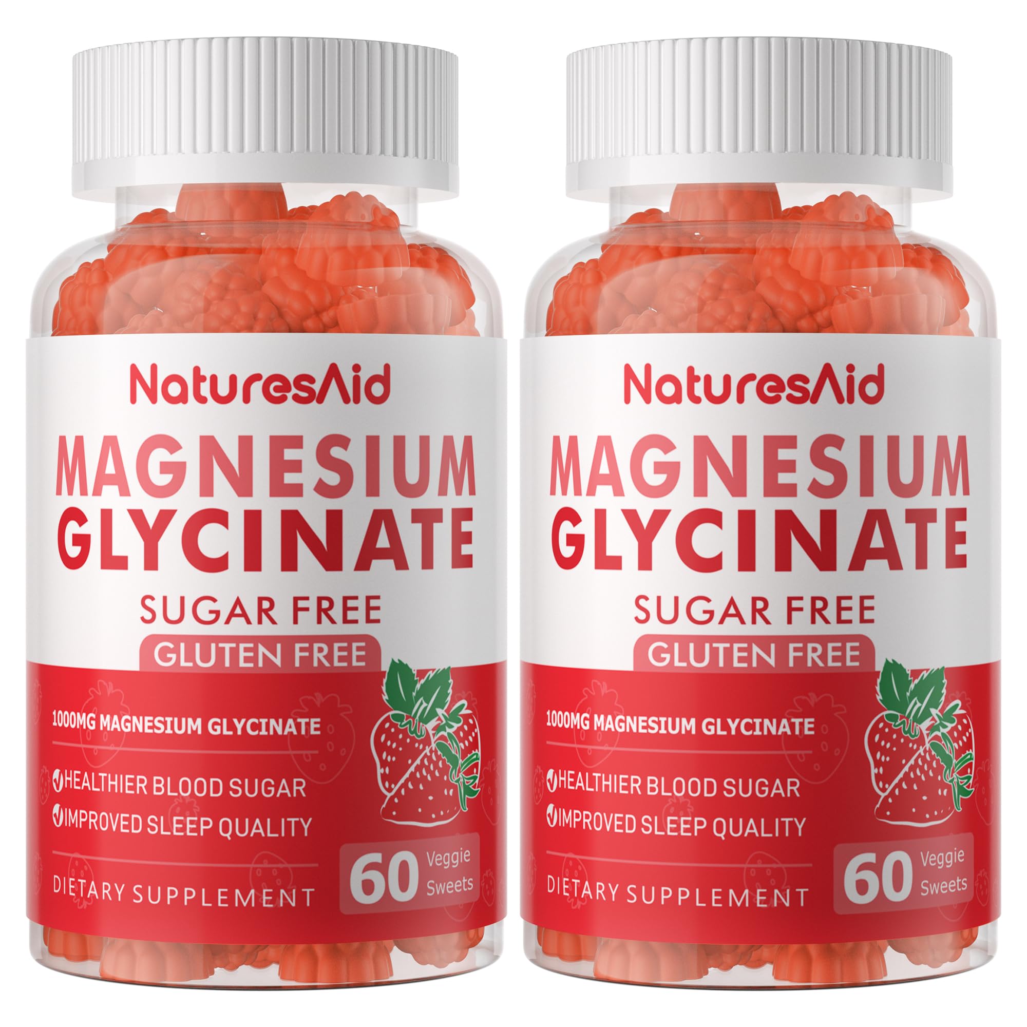 Nature's Aid Magnesium Glycinate Gummies bottle front shows sugar-free formula for daily use.