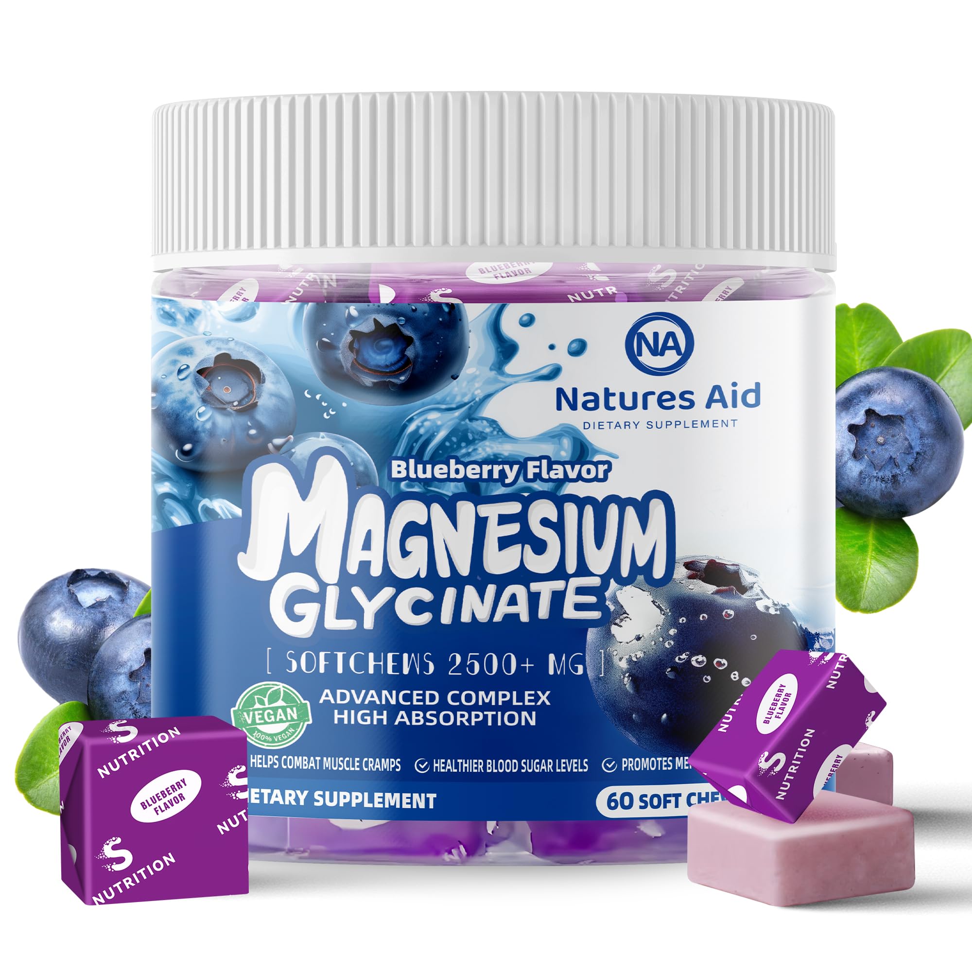 Natures Aid Magnesium Glycinate Soft Chews blue bottle for daily calm support.