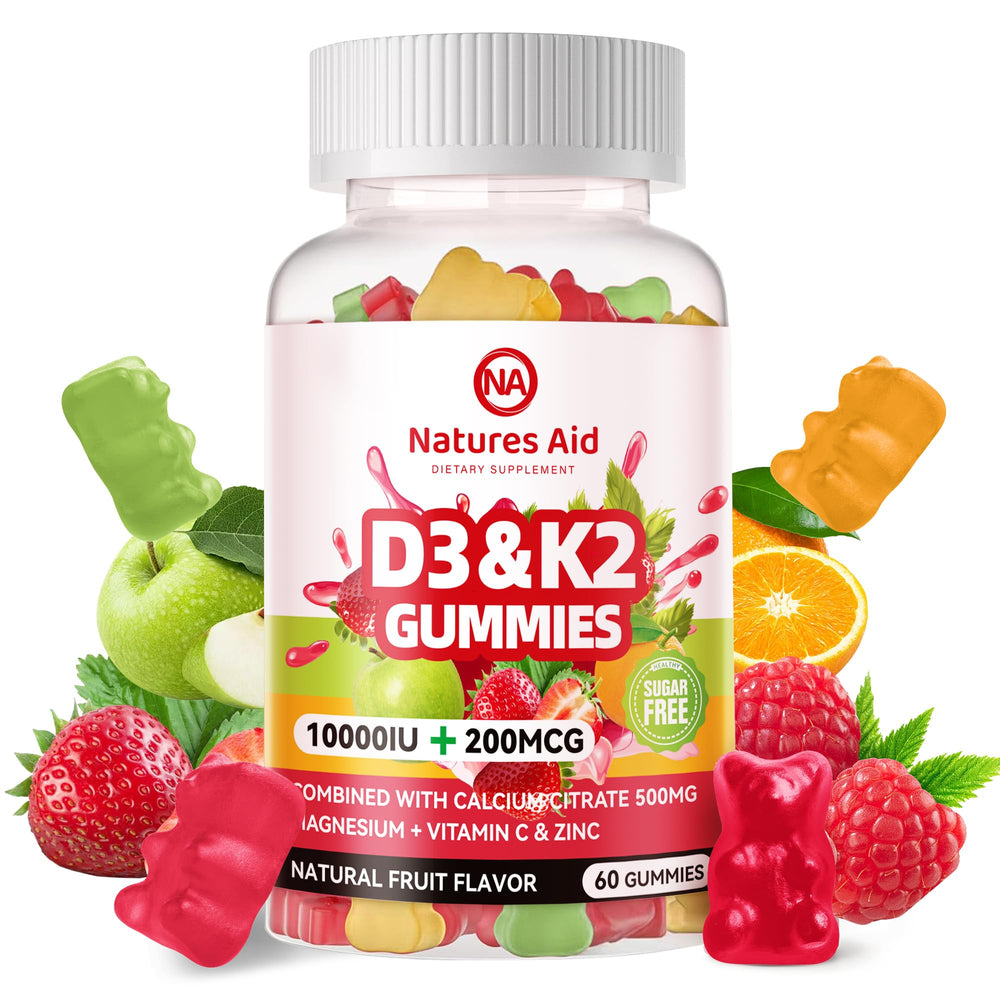 Natures Aid D3K2 gummies bottle front, vegan blend for bone support.