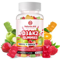 Natures Aid D3K2 gummies bottle front, vegan blend for bone support.