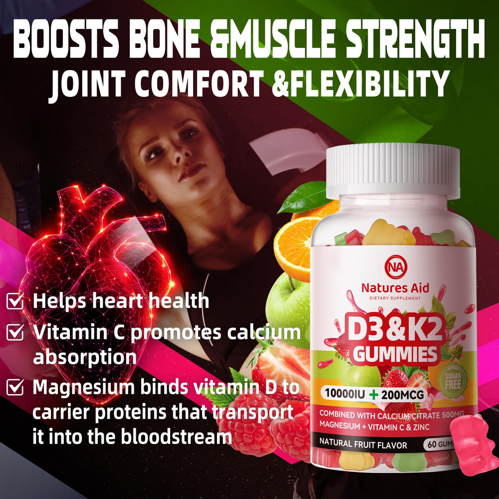 Natures Aid D3K2 gummies jar, healthy immune support on the go.