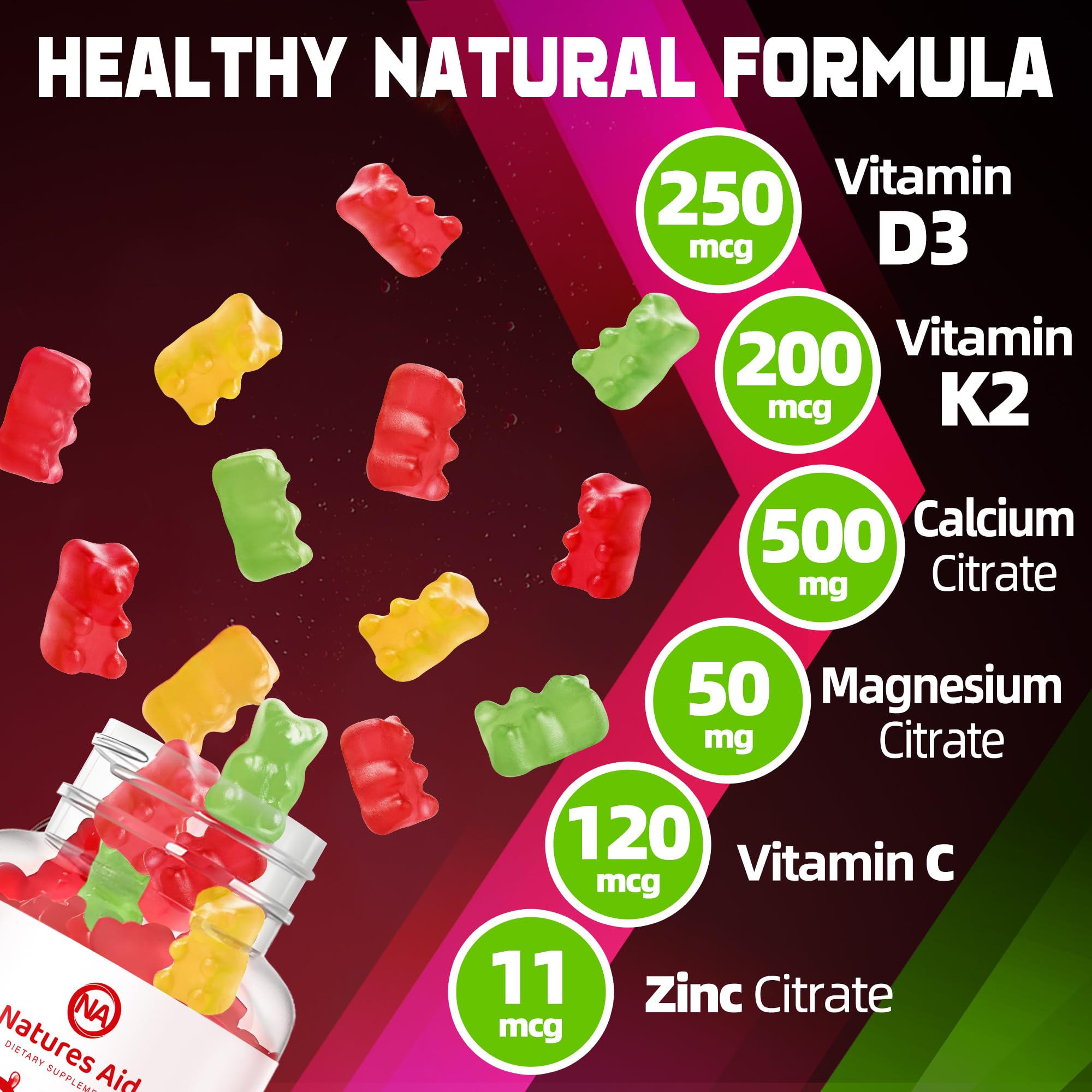 Natures Aid D3K2 gummies close-up label highlighting D3 and MK-7.