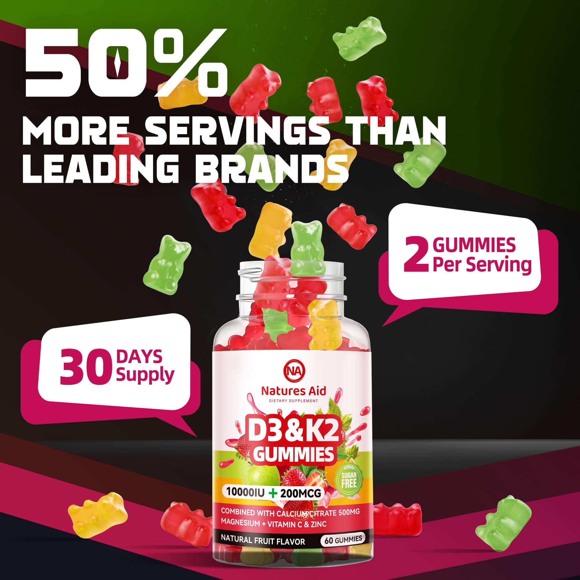 Natures Aid sugar-free D3K2 gummies box, vegan and non-GMO formula.