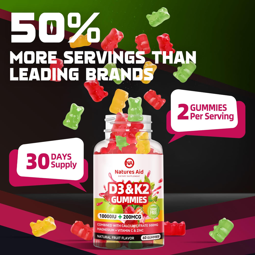 Natures Aid sugar-free D3K2 gummies box, vegan and non-GMO formula.