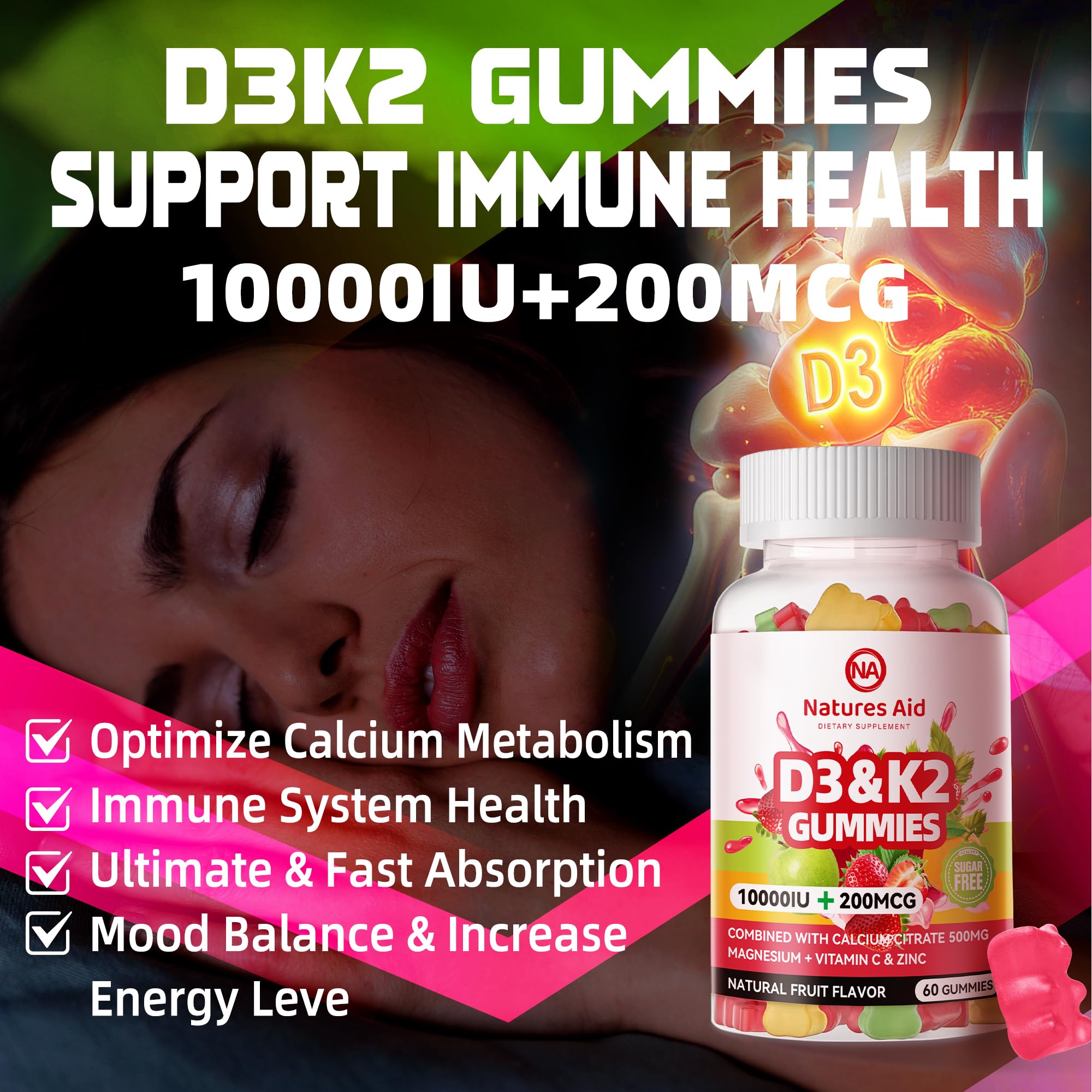 Natures Aid D3K2 gummies nutrition label showing calcium and magnesium content.