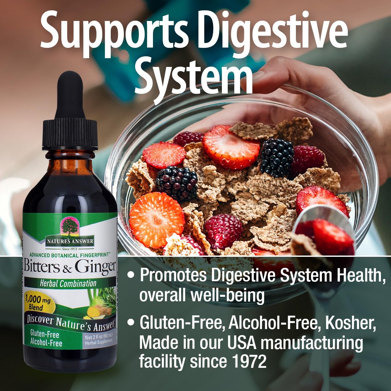 Nature's Answer Alcohol-Free Bitters close-up bottle shows premium extraction process
