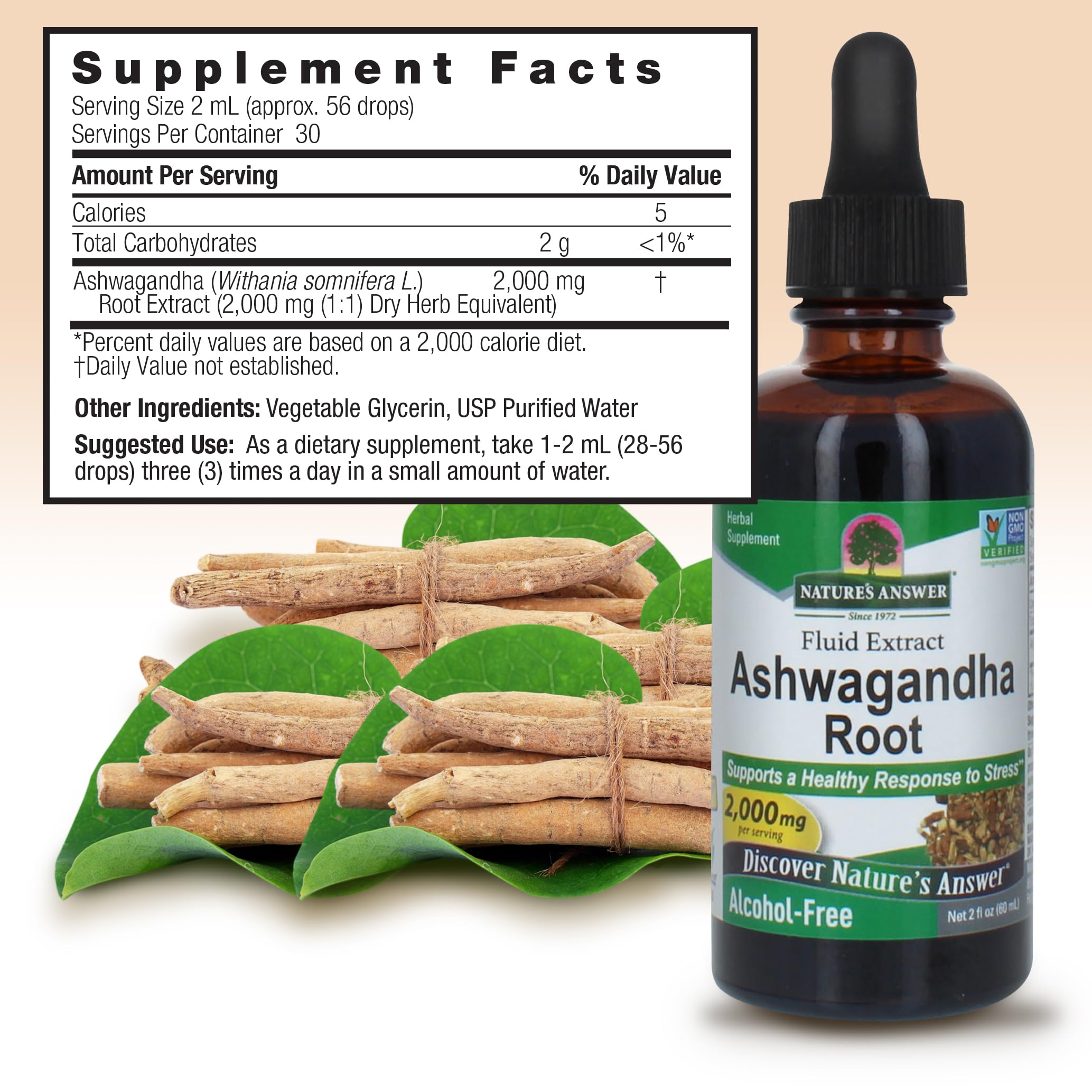 Nature's Answer Ashwagandha Root label closeup for clear product information.