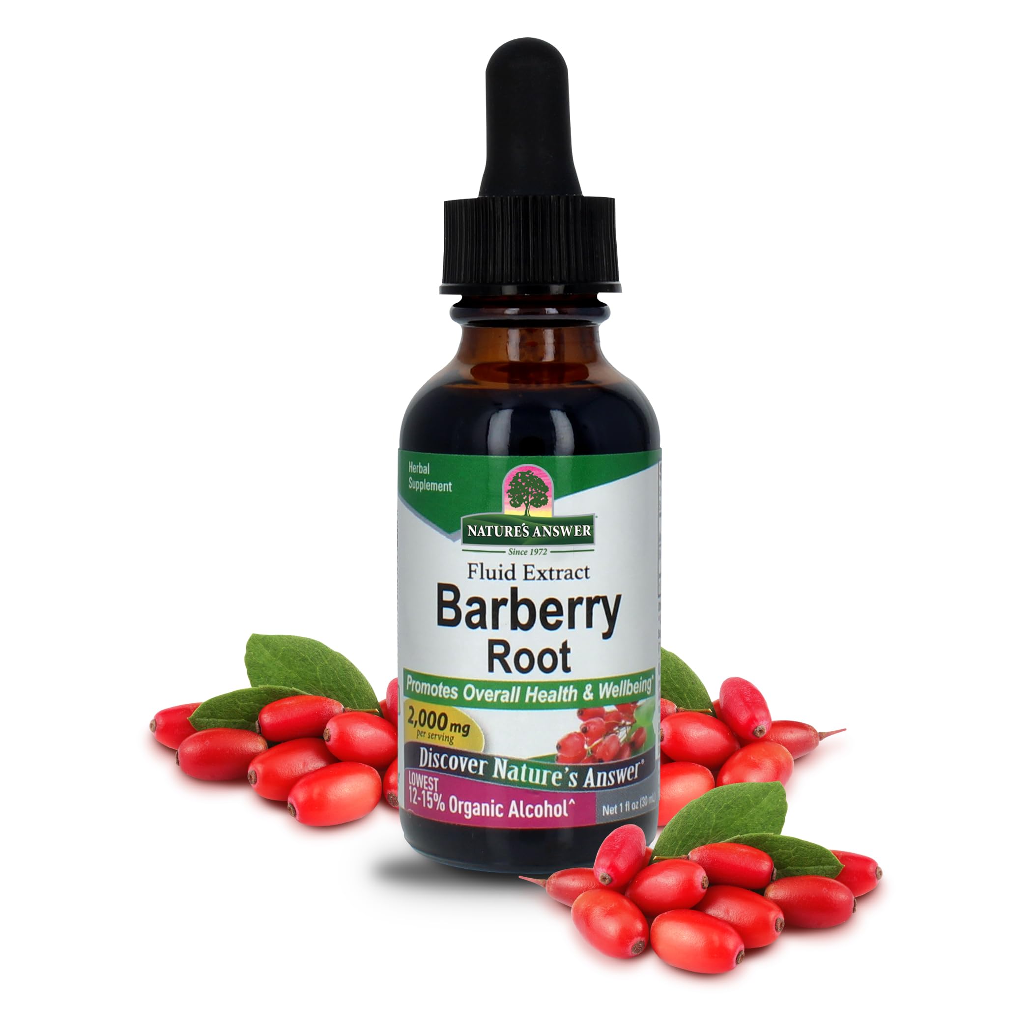Nature's Answer Barberries bottle shows organic root with berberine for potential immune and digestive support.
