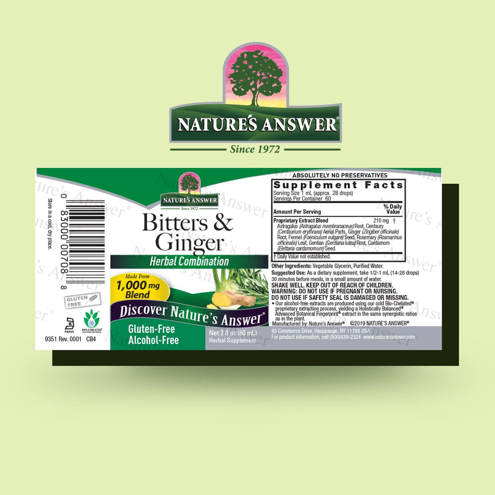 Nature's Answer Bitters Ginger front label highlights 1000 mg blend and gluten-free formula