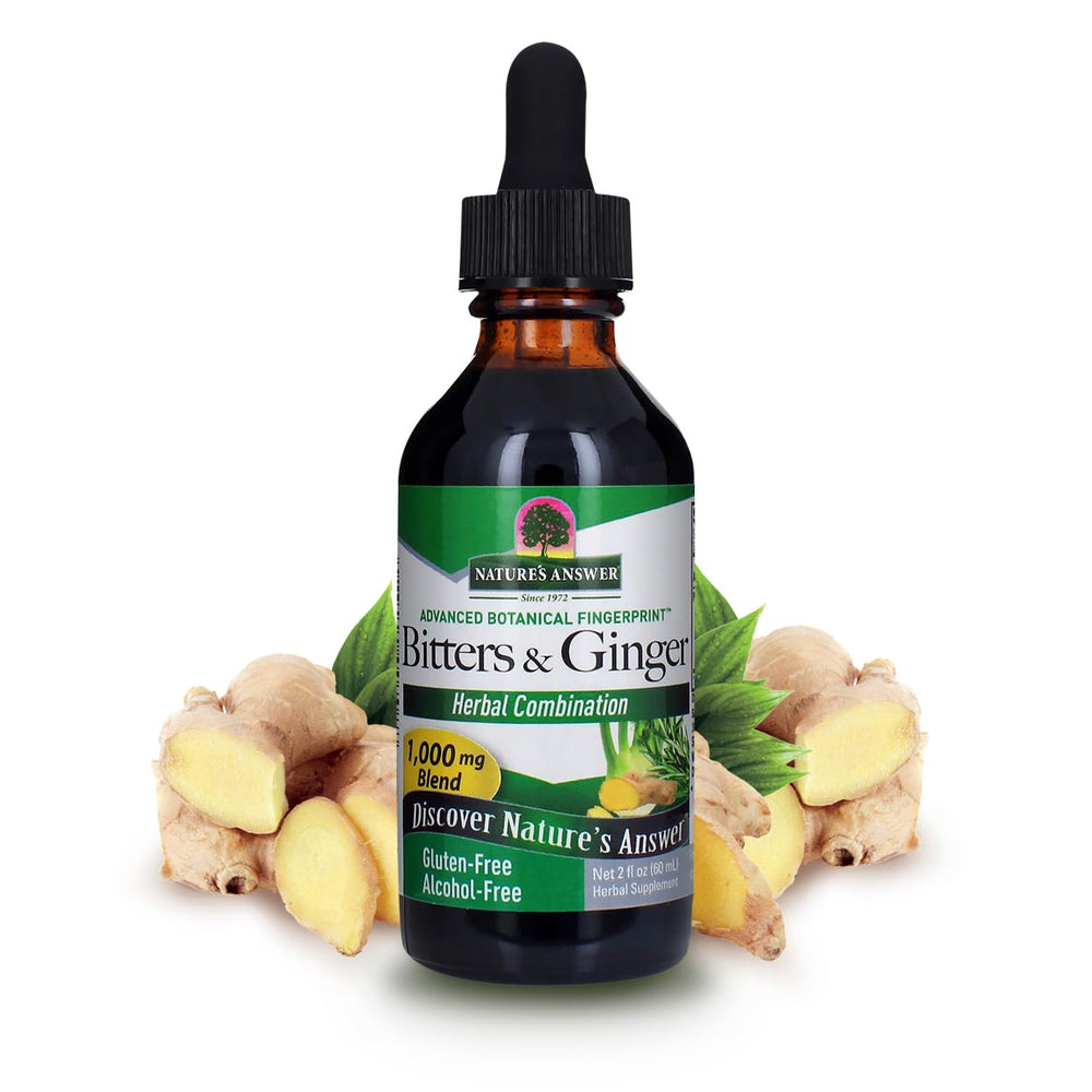Nature's Answer Ginger Bitters bottle pour shows alcohol-free digestion support on a sunny kitchen counter