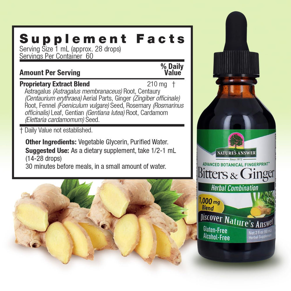 Nature's Answer Bitters Ginger ingredients graphic emphasizes holistic herbal balance