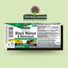 Nature's Answer Black Walnut and Wormwood Complex label highlights alcohol-free formulation