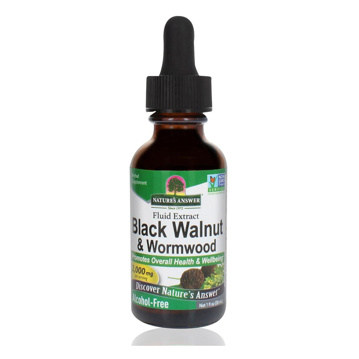 Nature's Answer Black Walnut and Wormwood extract bottle—potent digestion-support liquid.