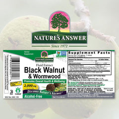 Nature's Answer Black Walnut and Wormwood extract pour shows an alcohol-free formula ideal for sensitive systems.
