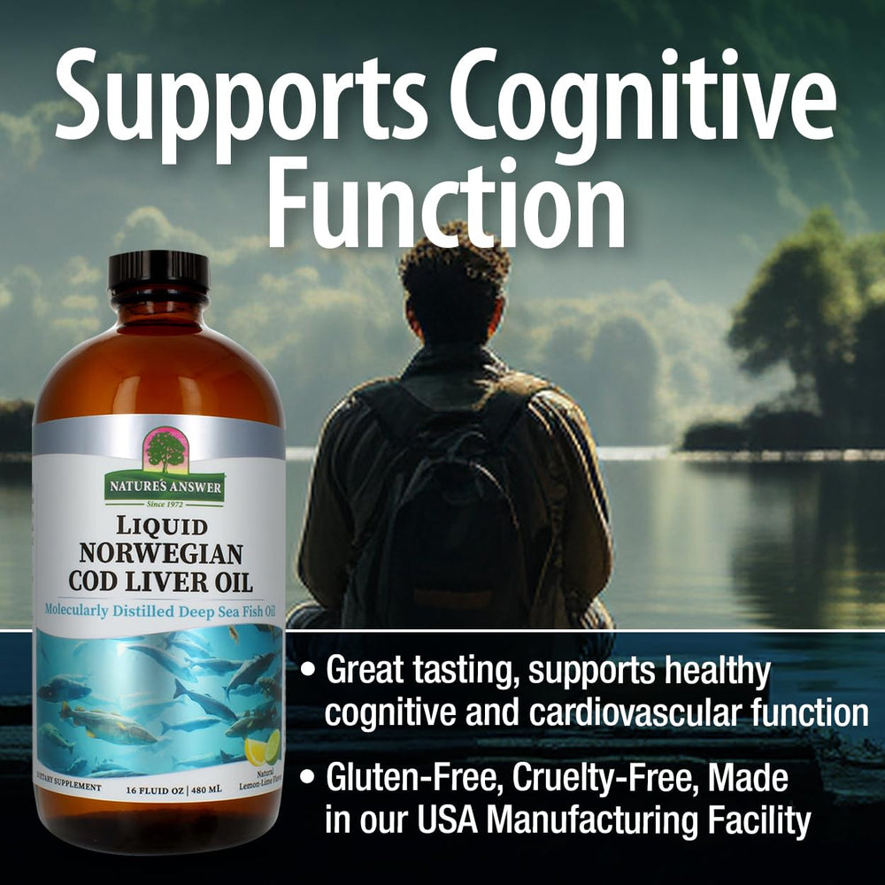 Nature's Answer cod liver oil glass with liquid demonstrates daily serving ritual