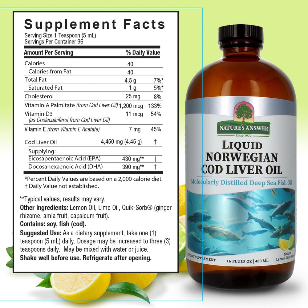 Nature's Answer cod liver oil liquid closeup emphasizing purity and molecularly distilled quality
