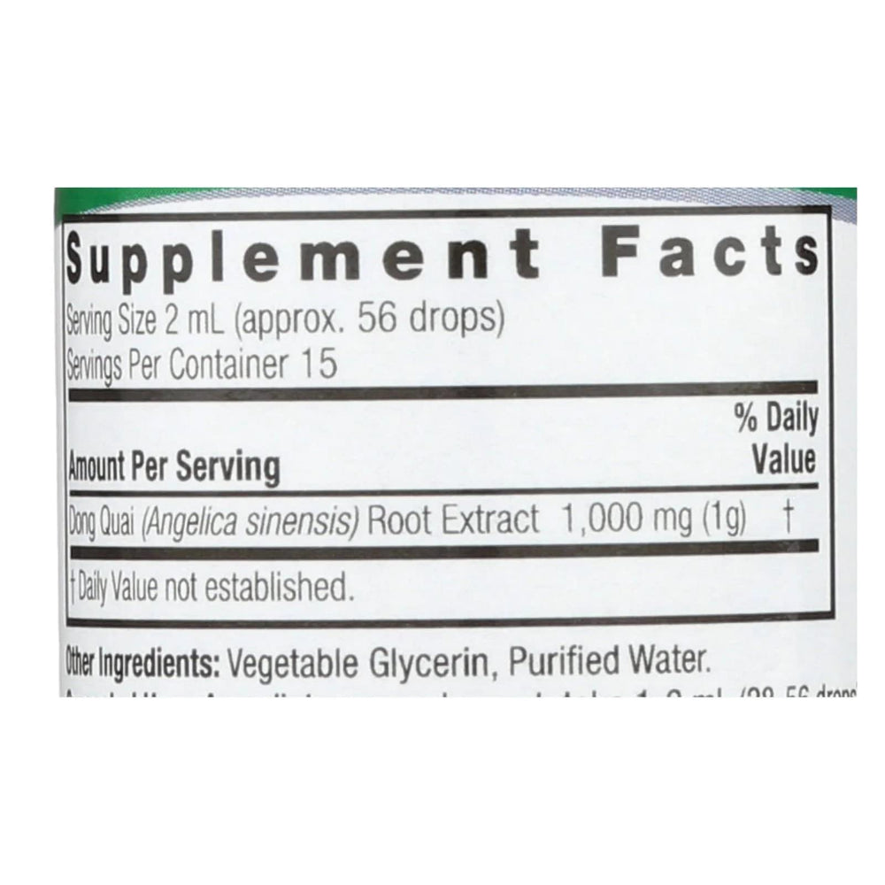 Nature's Answer Dong Quai root fluid extract label showcases alcohol-free formula for sensitive regimens