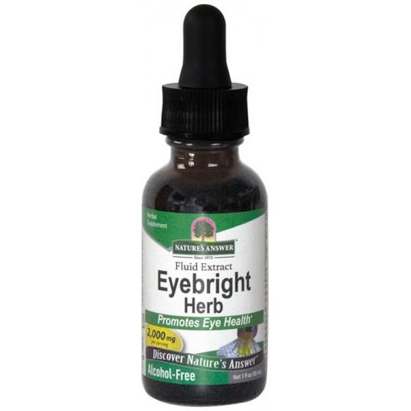 Close-up of Eyebright tincture bottle highlighting alcohol-free, vegan formula