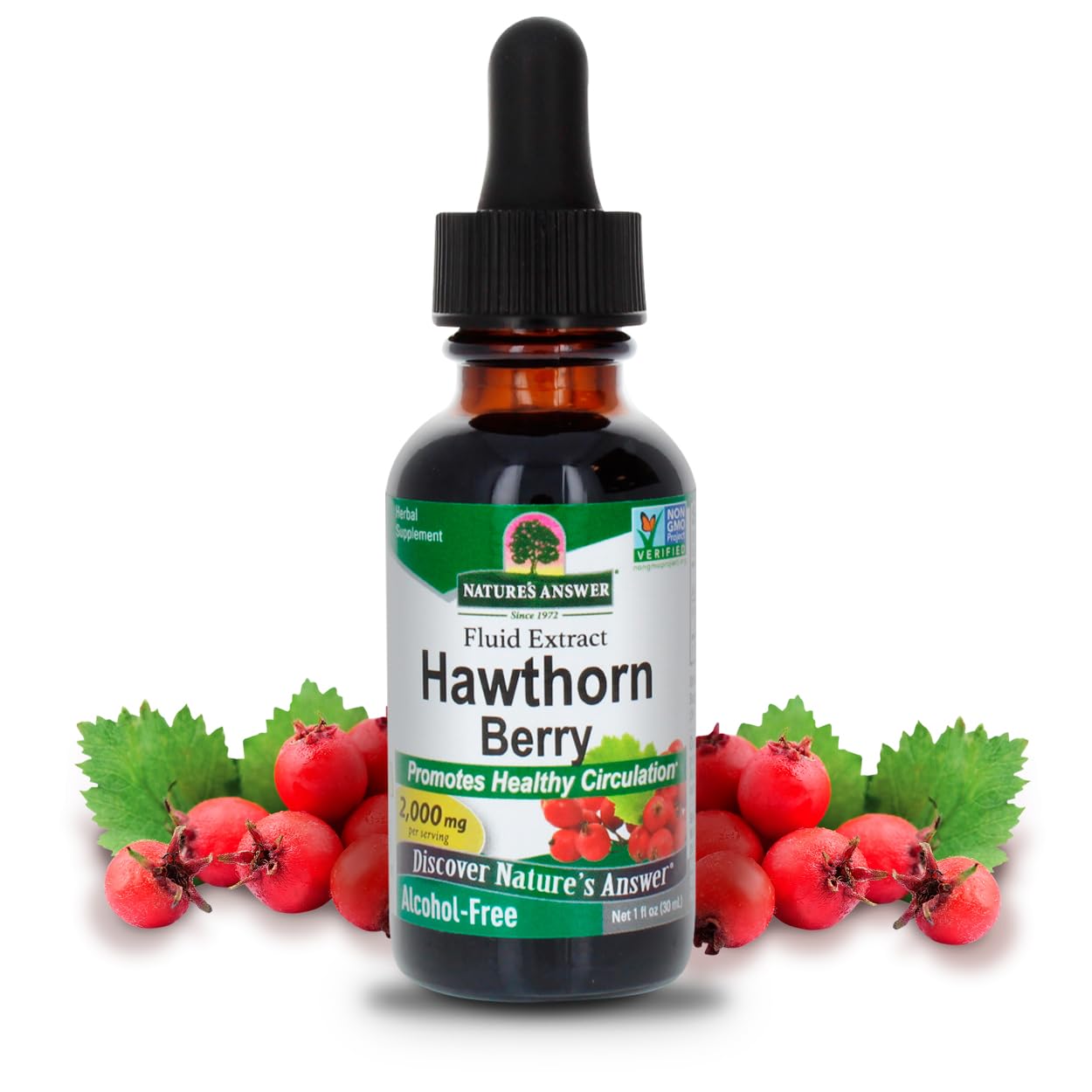 Nature's Answer Hawthorn extract bottle shows 2,000 mg potency for circulation support