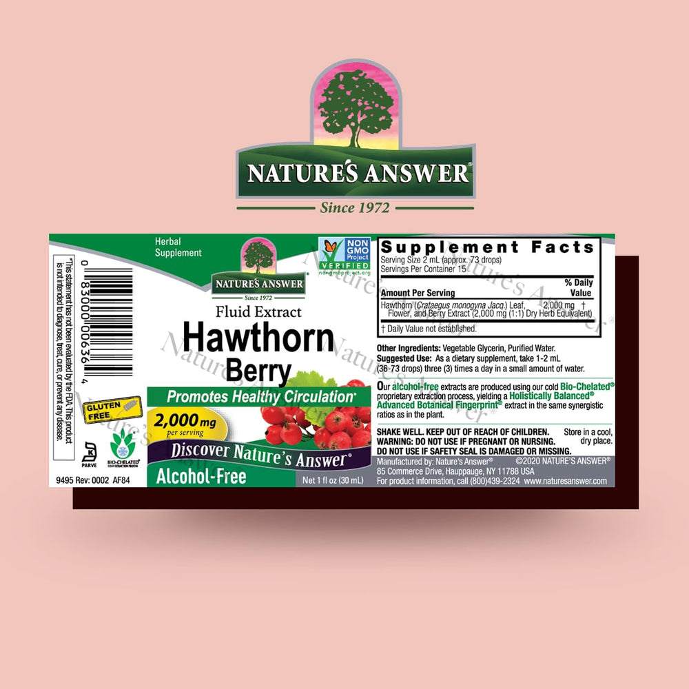 Nature's Answer Hawthorn extract label highlights gluten-free, alcohol-free, and kosher quality