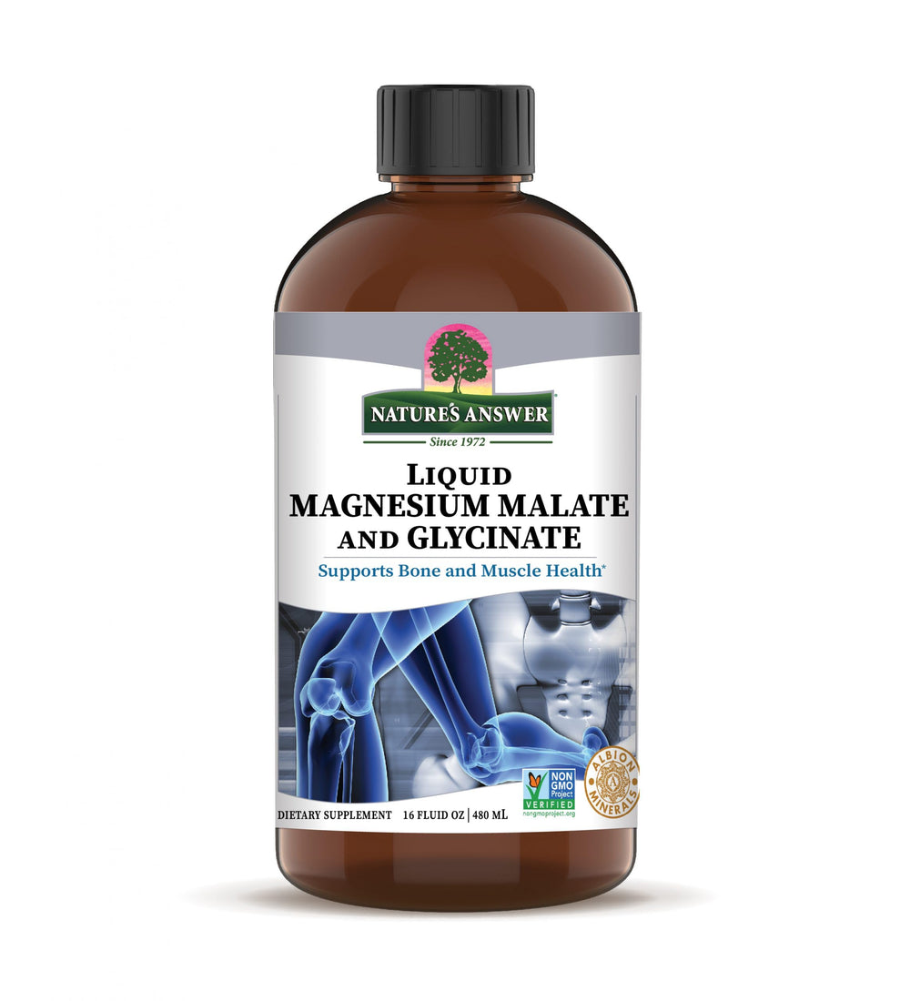 Nature's Answer Liquid Magnesium Malate & Glycinate bottle pour for easy dosing and fast absorption.