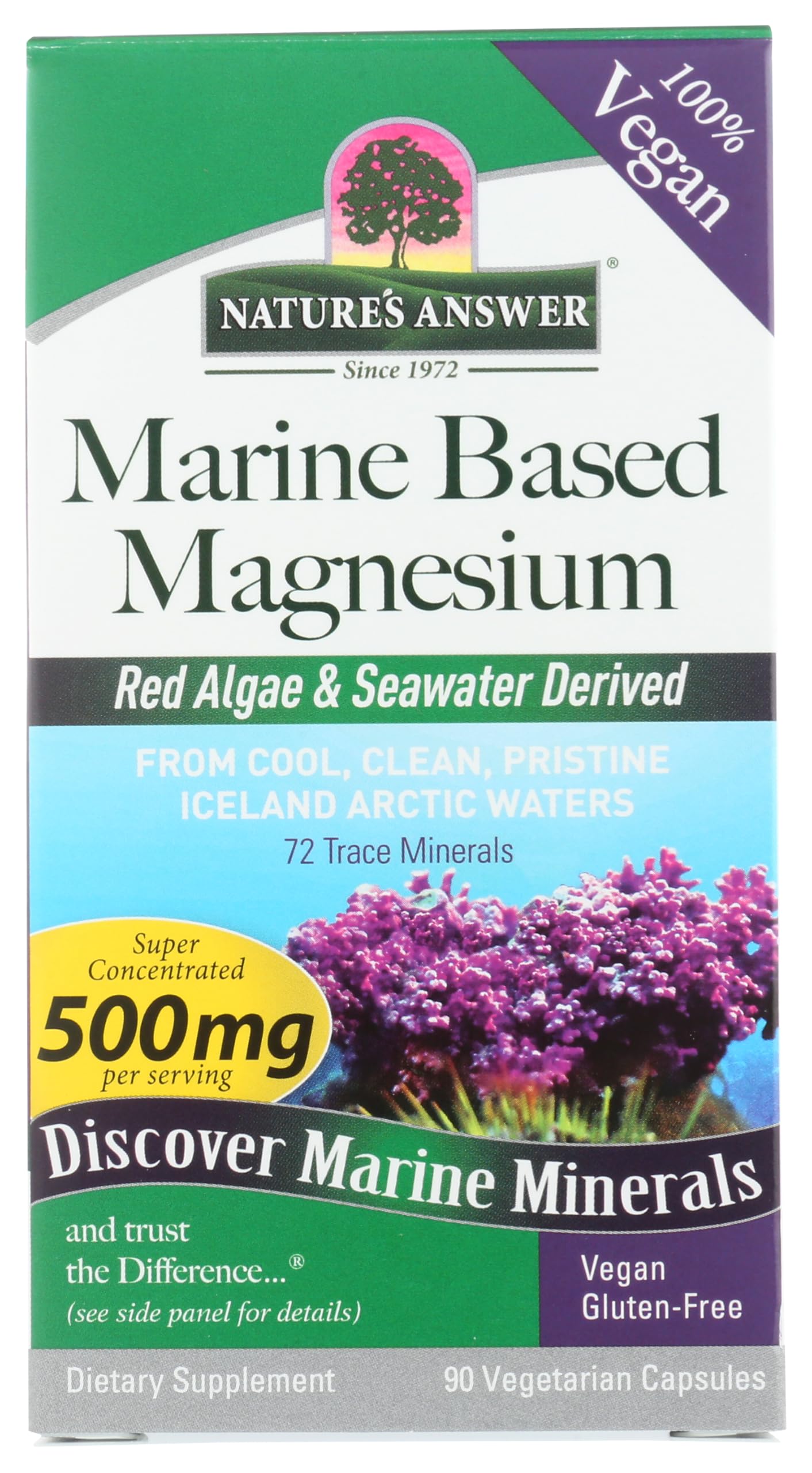 Nature's Answer marine-based magnesium bottle front, plant-based mineral supplement for daily wellness.