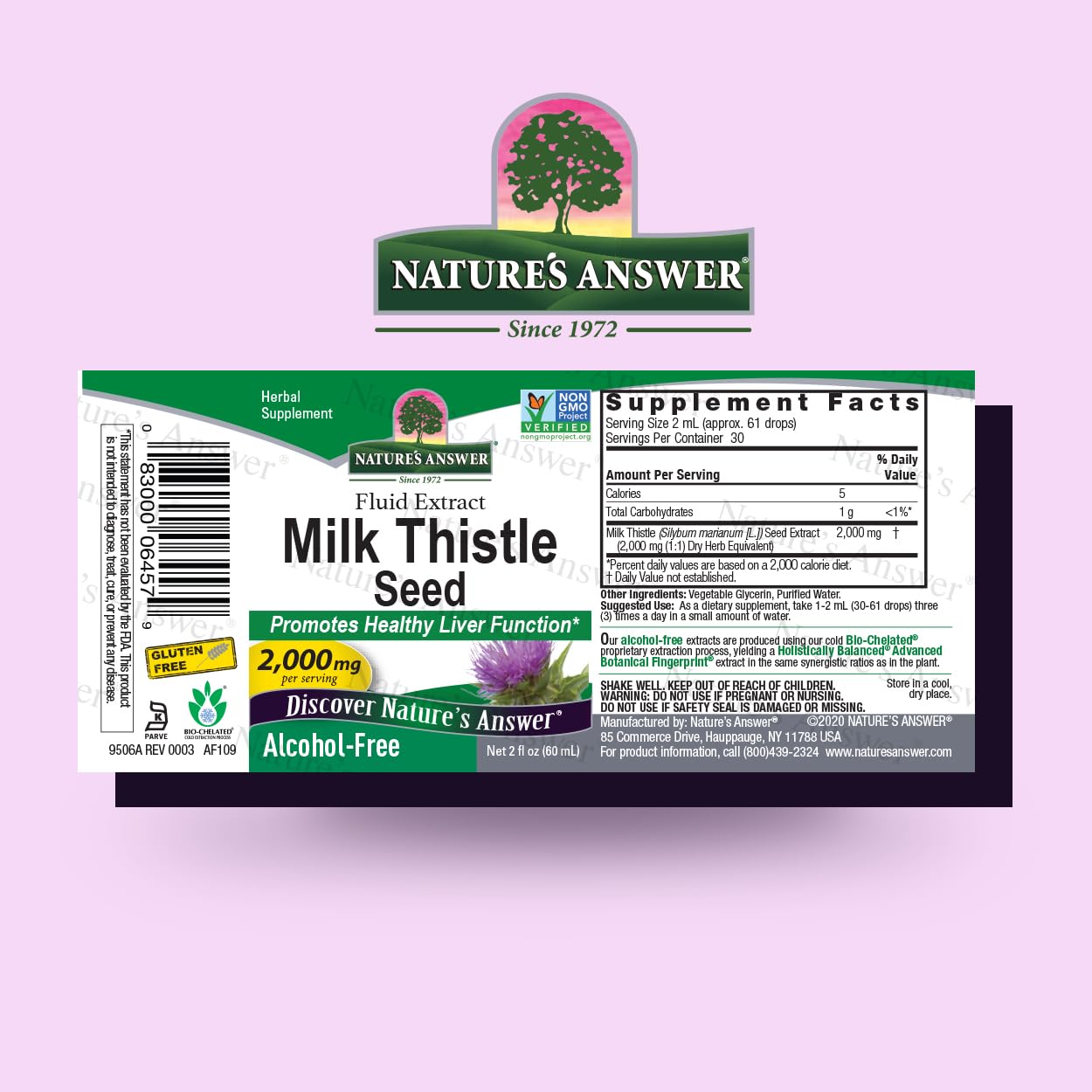 Nature's Answer Milk Thistle bottle shown pouring for easy dosing.