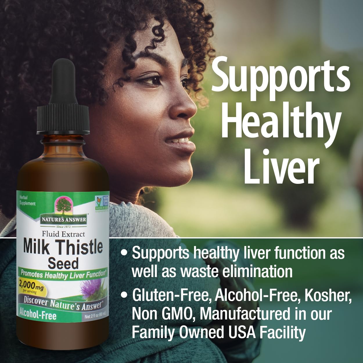 Nature's Answer Milk Thistle packaging notes non-GMO ingredients.