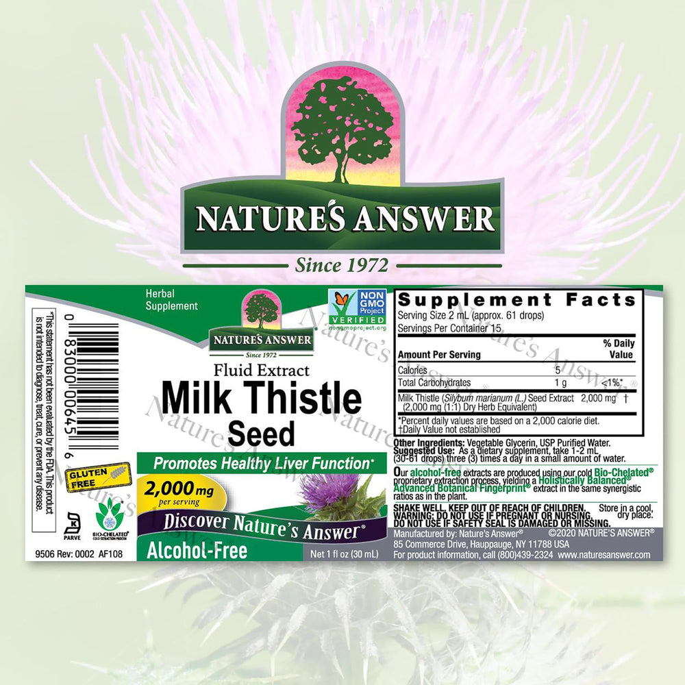 Nature’s Answer Milk Thistle pour showing quick-absorbing extract for daily use