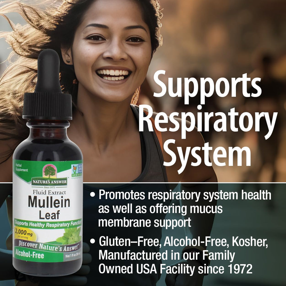 Nature's Answer Mullein Leaf Extract shows gluten-free, kosher-certified preparation.