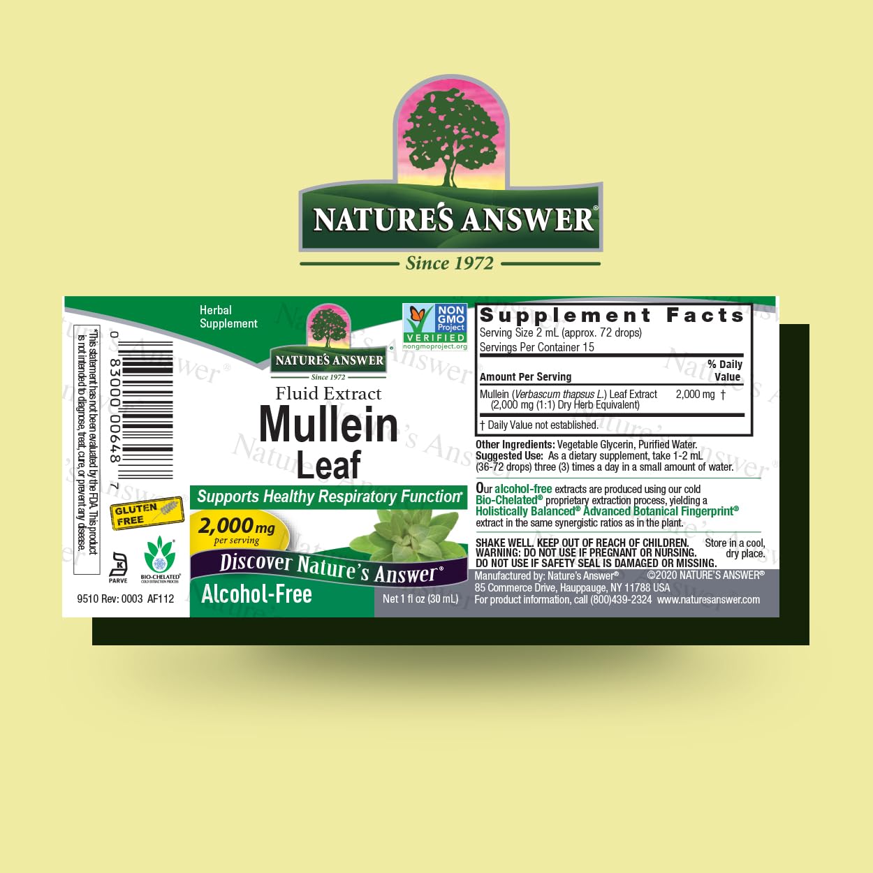 Nature's Answer Mullein Leaf Extract dropper shows concentrated 1000 mg per ml.