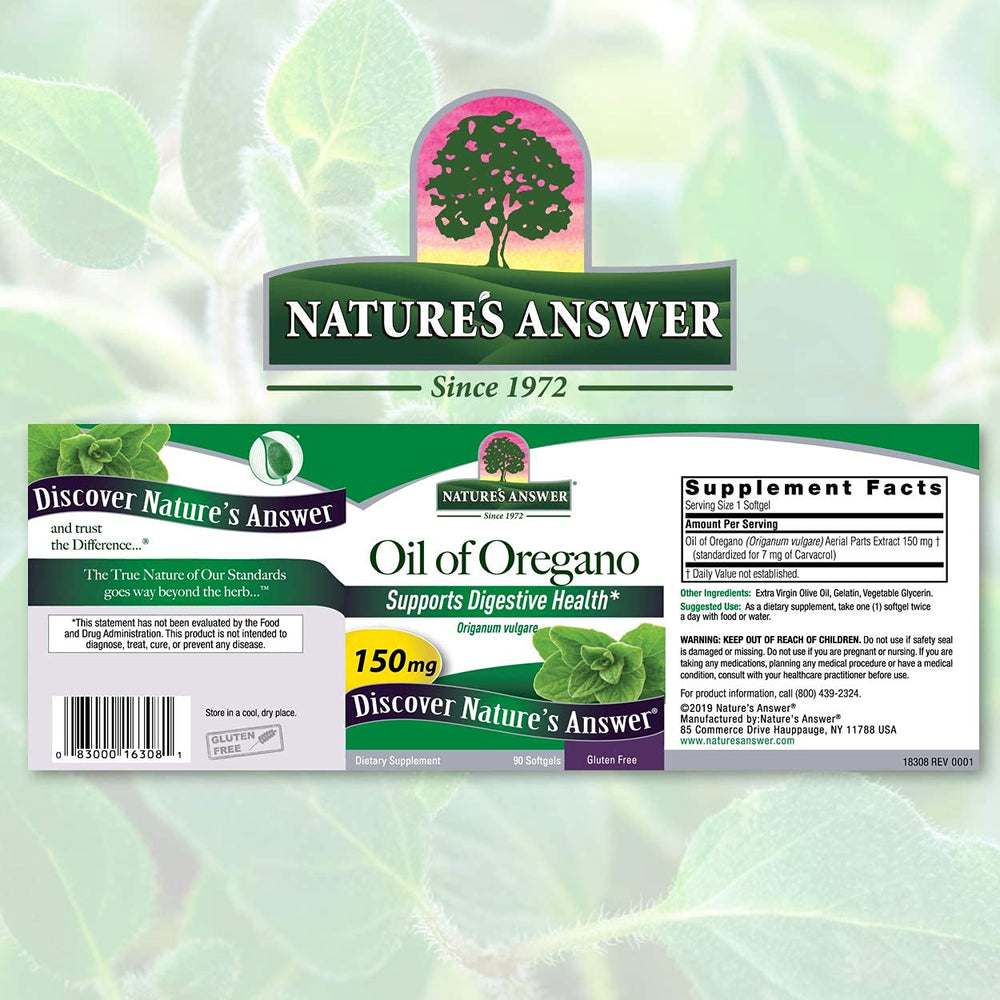 Nature's Answer Oil of Oregano label highlights purity and herbal origin.